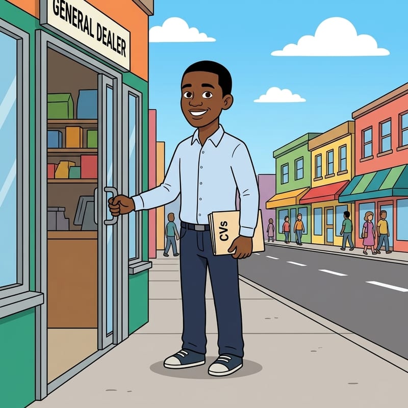 Thabo walking into a shop to ask for work, neat and confident with his CVs in hand