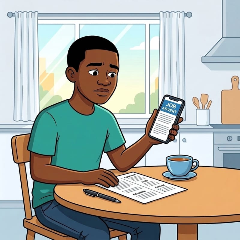 Thabo reading a job advert on his phone before applying