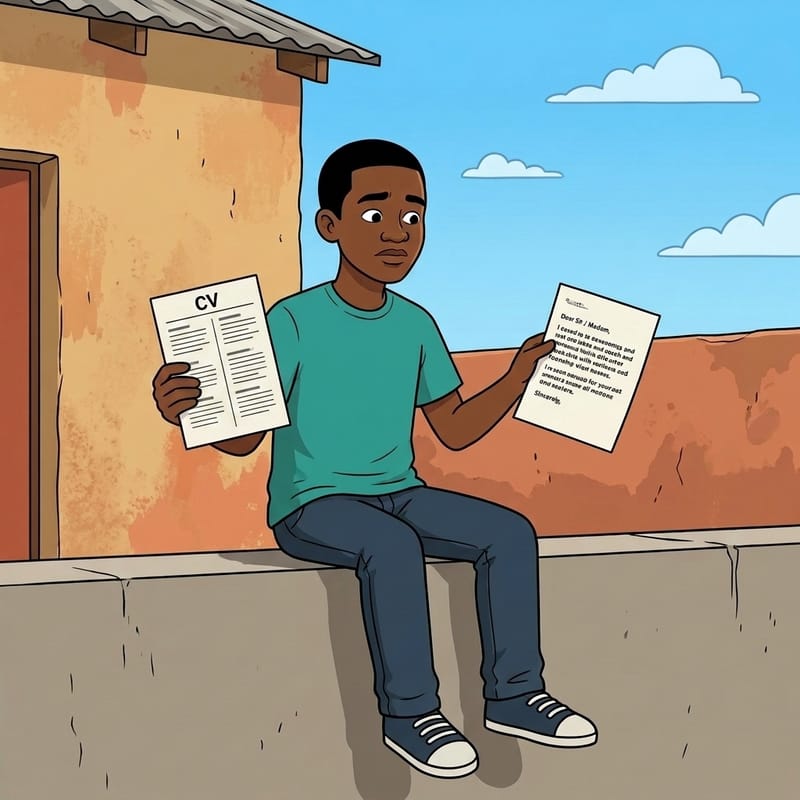 Thabo holding his CV in one hand and a cover letter in the other, deciding whether to send it