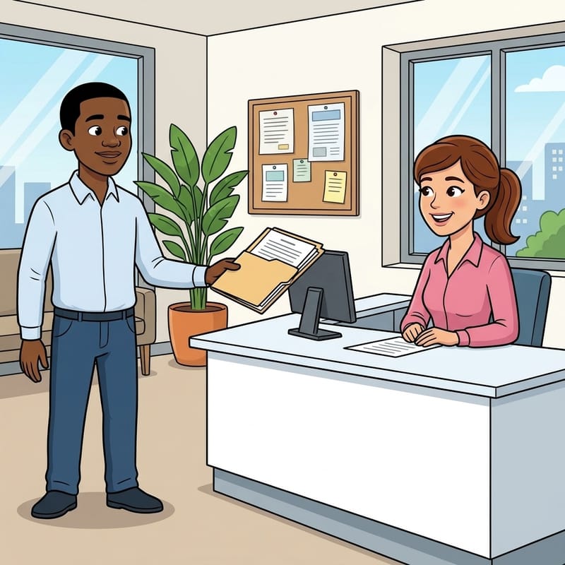 Thabo handing his CV in at a reception desk, where no cover letter is needed