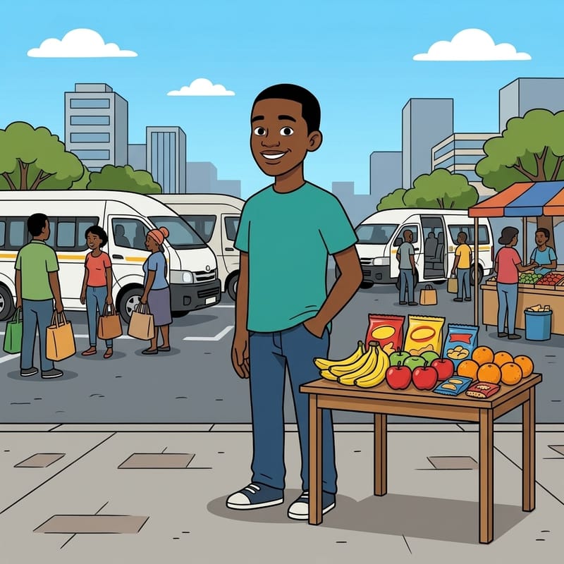 Thabo selling at a taxi rank — self-employed work experience