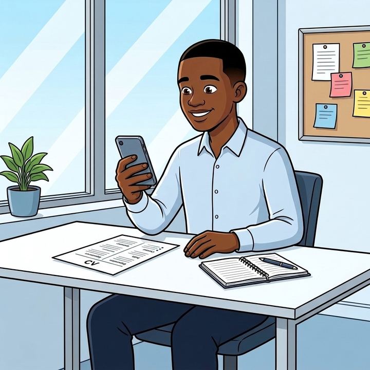 A young man at a desk applying for internships on his phone, with his CV printed in front of him