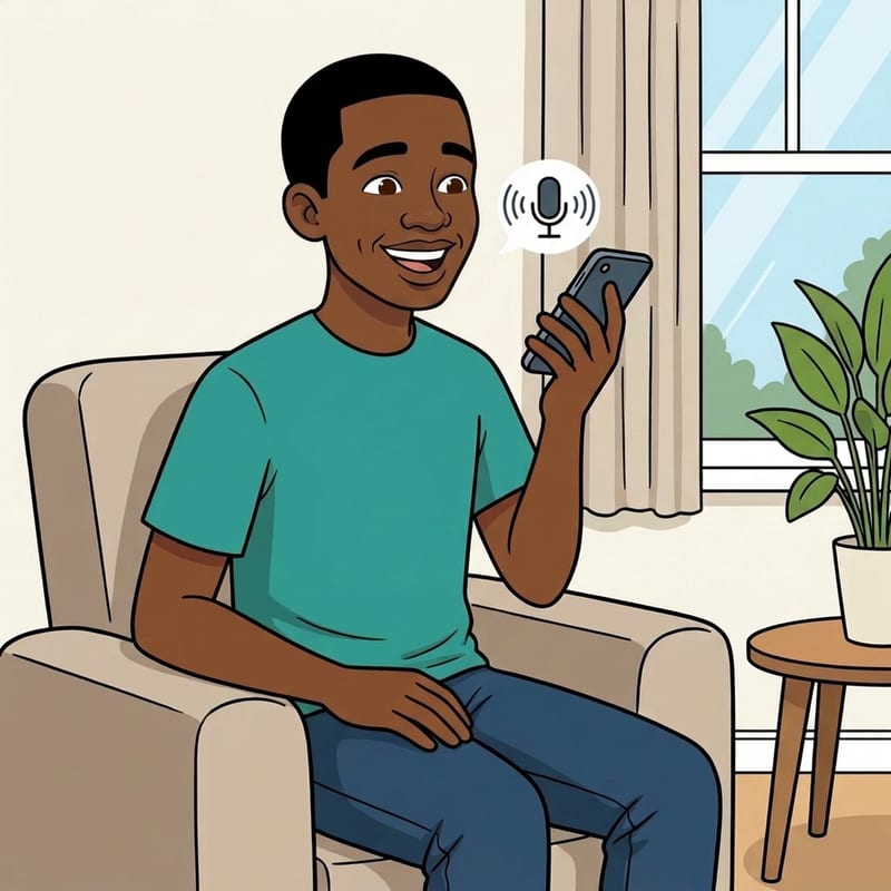 Thabo practising his interview answers by recording a voice note at home