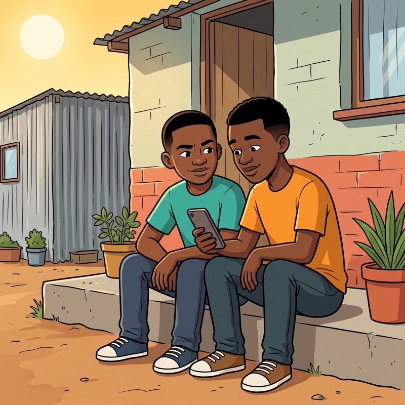 Thabo checking a job message with a trusted friend