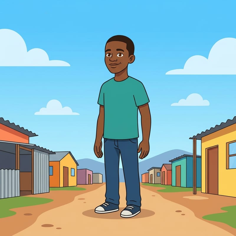 Thabo standing in his neighbourhood, hopeful and ready to find work