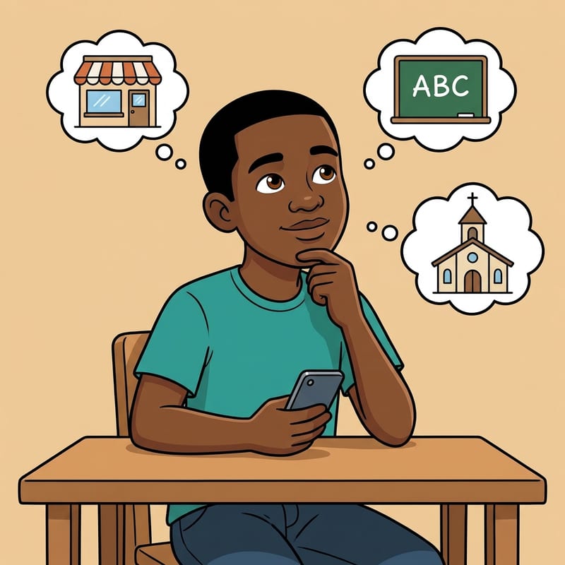 Thabo sitting at a table, thinking about who he can ask to be his reference