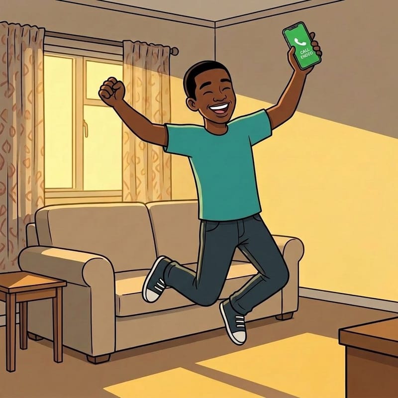 Thabo celebrating after passing his job interview