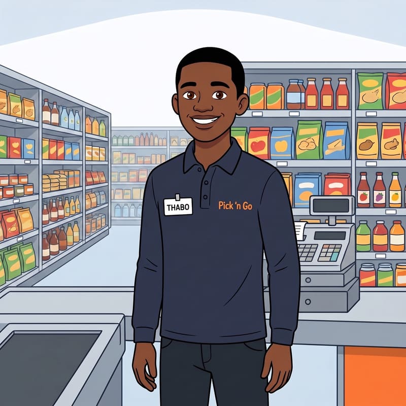 Thabo working reliably as a cashier